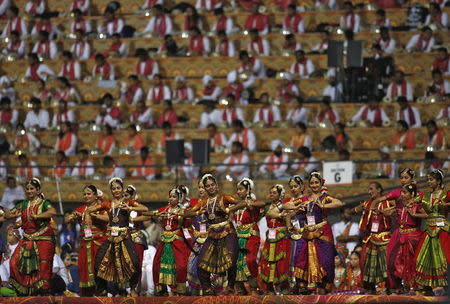 Participants perform at the venue of World Culture Festival on the banks of a river in New Delhi, India, March 11, 2016. REUTERS/Adnan Abidi