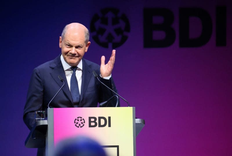 German Chancellor Olaf Scholz speaks at the Day of German Industry 2024 organized by the Federation of German Industries (BDI). The BDI's two-day future conference with representatives from business, politics, science and society is being held this year under the motto 