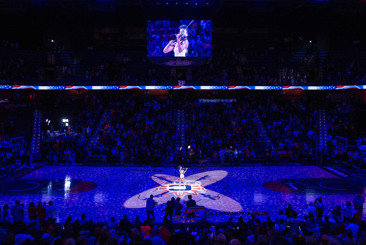 A violinist plays the national anthem prior to Game 3 of the 2022 WNBA Finals between Las Vegas Aces and Connecticut Sun at Mohegan Sun Arena in Uncasville, Connecticut, on Sept. 15, 2022. (M. Anthony Nesmith/Icon Sportswire via Getty Images)