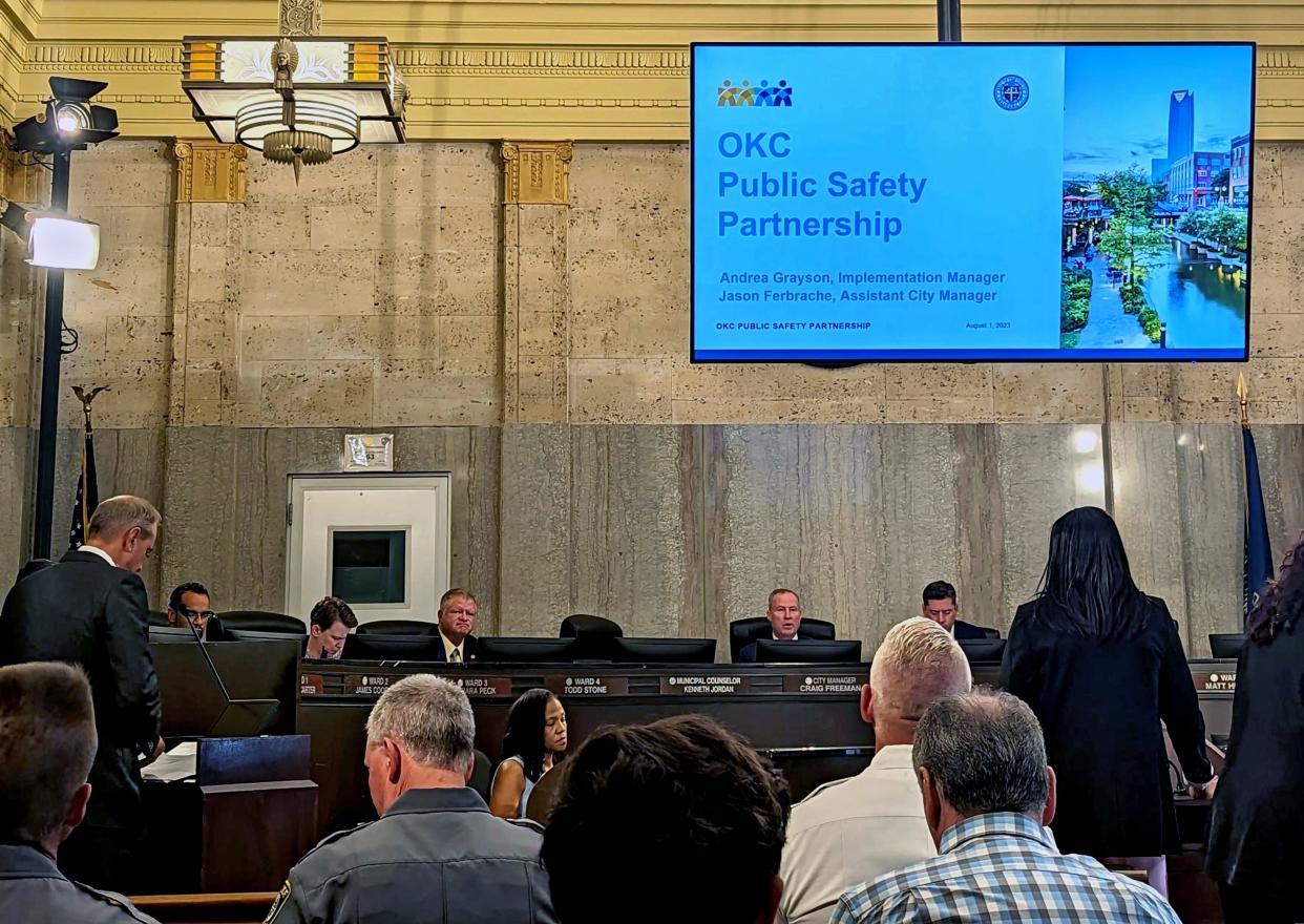 Oklahoma City Assistant City Manager Jason Ferbrache and OKC Public Safety Partnership implementation manager Andrea Grayson present recommendations on new public safety proposals on Aug. 1 to the Oklahoma City Council.