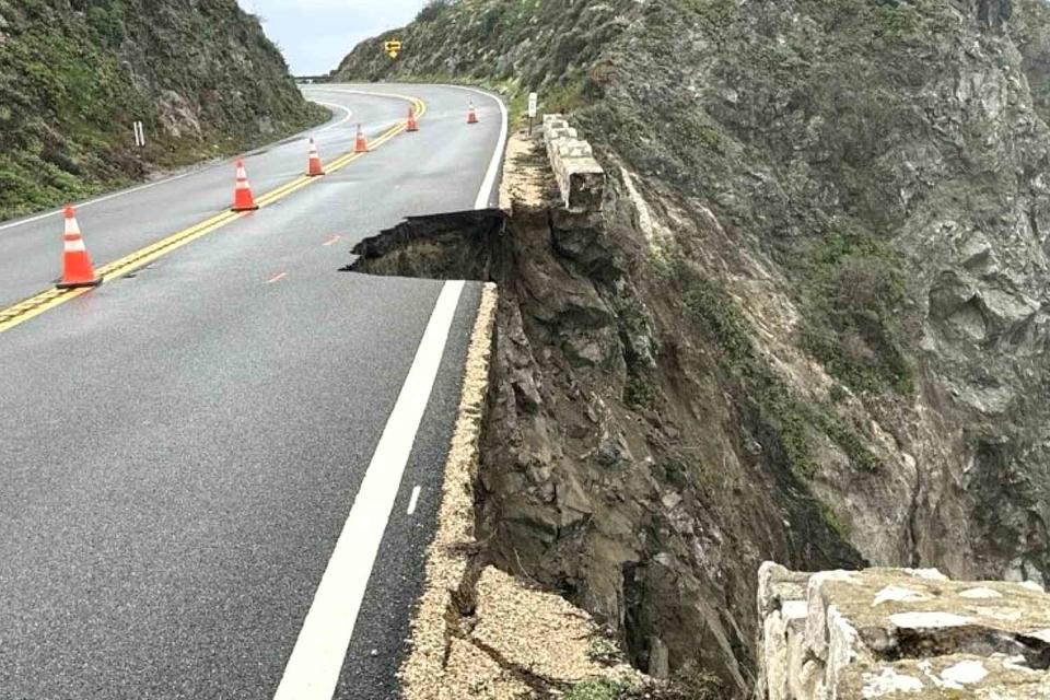 <p>Caltrans District 5 via AP</p> A look at the damage to California Highway 1, shared on social media by Caltrans District 5
