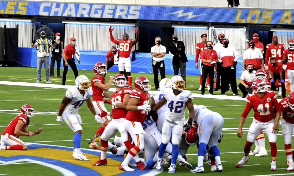 The Chargers and Chiefs watch as Harrison Butker’s winning kick takes flight