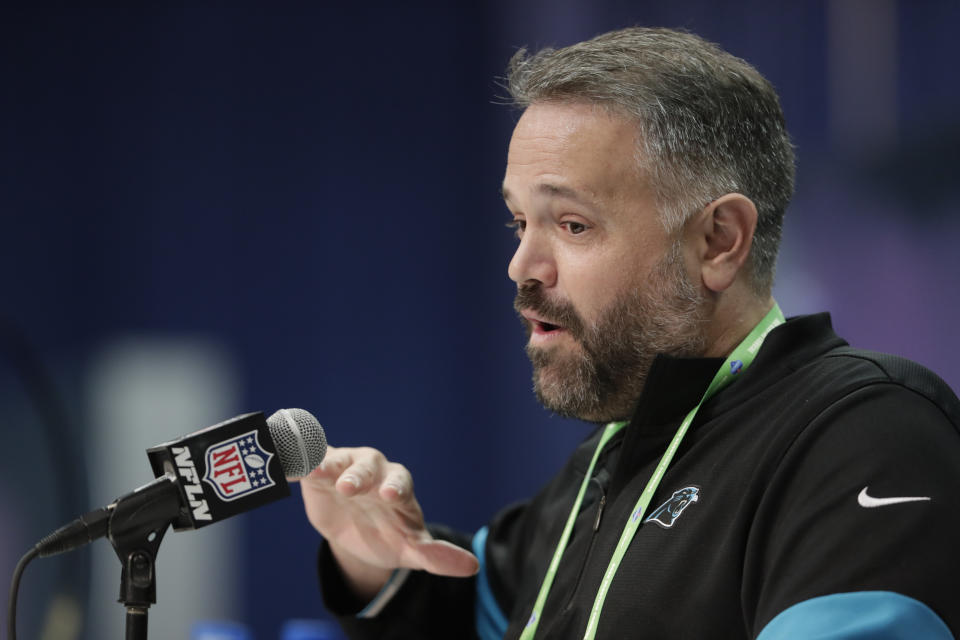 Matt Rhule said Teddy Bridgewater appealed to the Panthers because he knows their offense. (AP Photo/Michael Conroy)