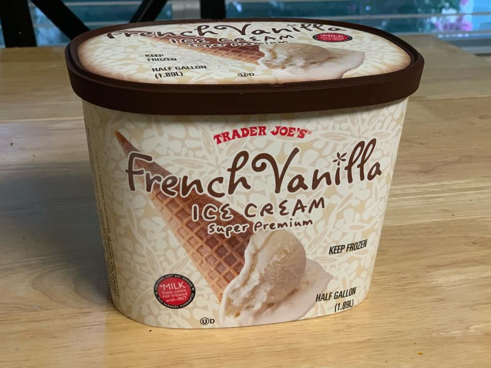 white and brown carton of Trader Joe's vanilla ice cream
