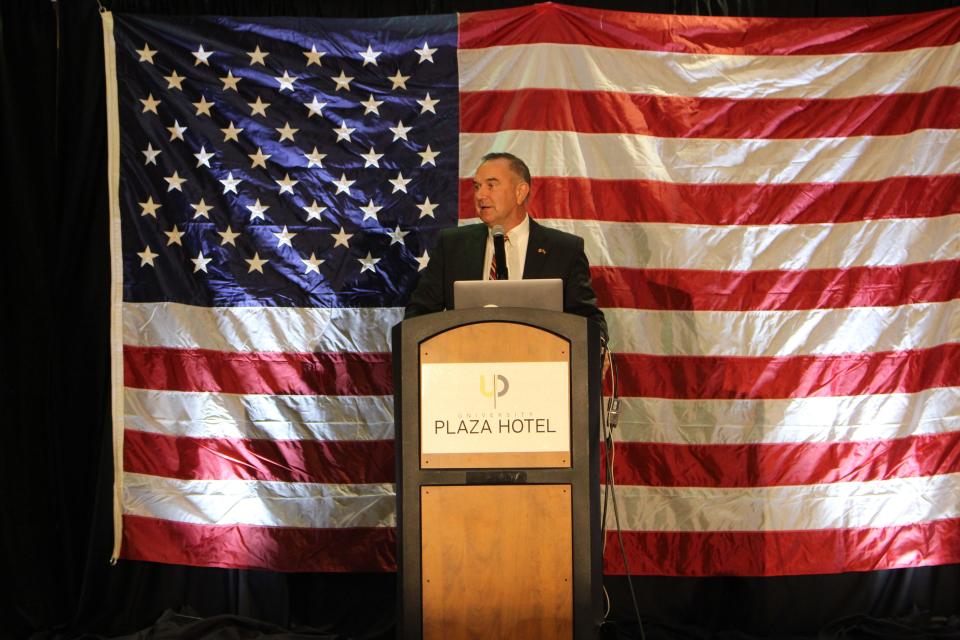 Lt. Gov. Mike Kehoe, a Republican running for governor in 2024, addresses the crowd at the Missouri Republican Party's annual Lincoln Days banquet in Springfield on Feb. 10, 2023.