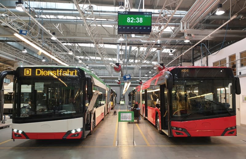 Buses pictured on the assembly line at the Solaris Bus & Coach plant in Bolechowo near Poznan, Poland