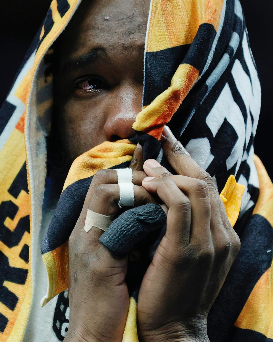 Joe Bryant Jr. #4 of the Norfolk State Spartans reacts after being defeated by the Gonzaga Bulldogs in the first round game of the 2021 NCAA Men's Basketball Tournament at Bankers Life Fieldhouse.