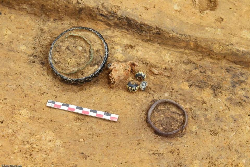 Bracelets and beads unearthed from a tomb.