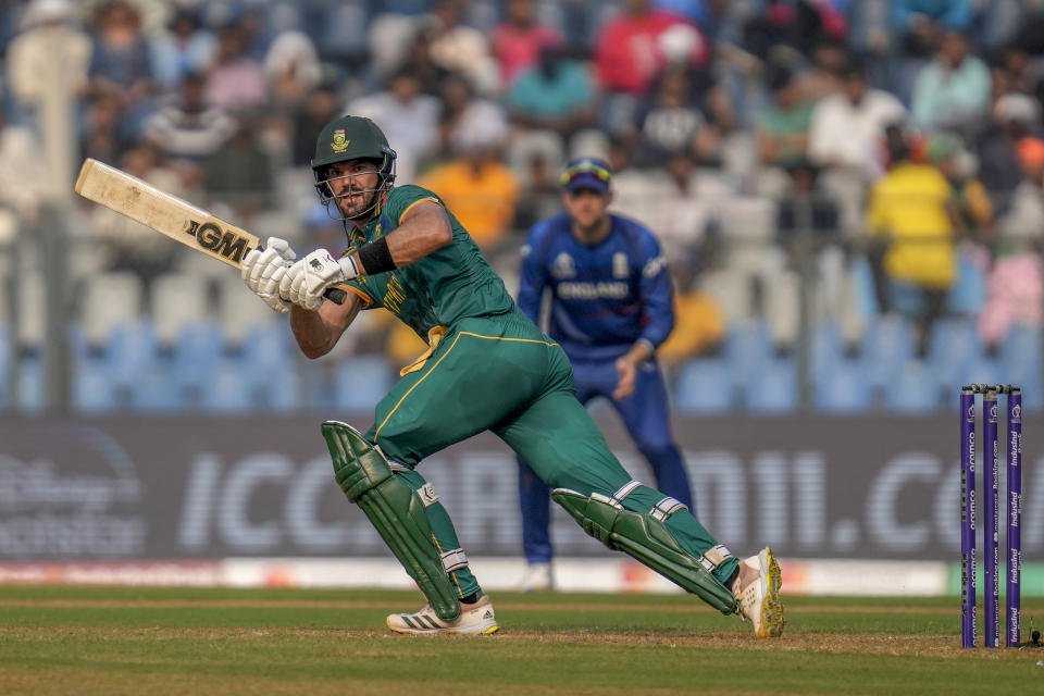 South Africa's Aiden Markram plays a shot during the ICC Men's Cricket World Cup match between South Africa and England in Mumbai, India, Saturday, Oct. 21, 2023. (AP Photo/ Rafiq Maqbool)