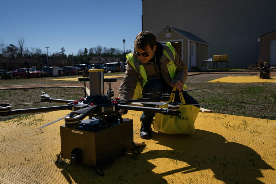 Food is loaded into a Flytrex drone for delivery in Holly Springs, North Carolina, US, on Wednesday, Feb. 18, 2023.<span class="copyright">Allison Joyce—Bloomberg/Getty Images</span>