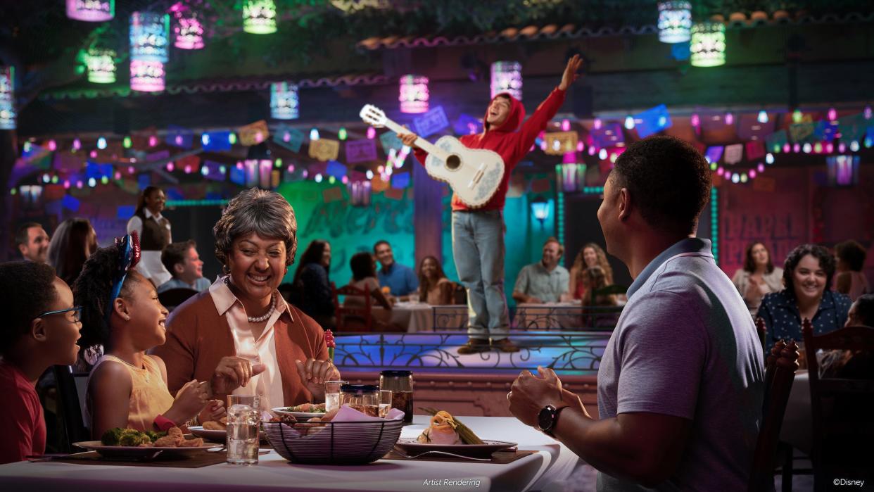 On board Disney Cruise Line’s newest ship, the Disney Treasure, the vibrant town of Santa Cecilia awakens at Plaza De Coco, the world’s first theatrical dining experience themed to the Disney and Pixar film, “Coco.”
