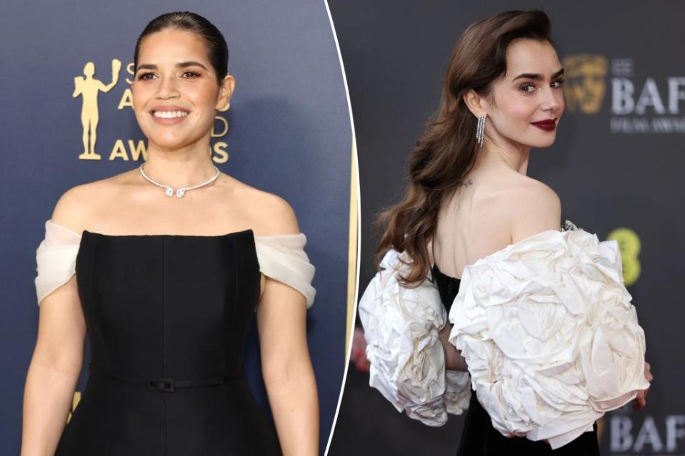 “Barbie” girl America Ferrera (left) wears custom Dior while the lovely Lily Collins (right) swans in Tamara Ralph couture.