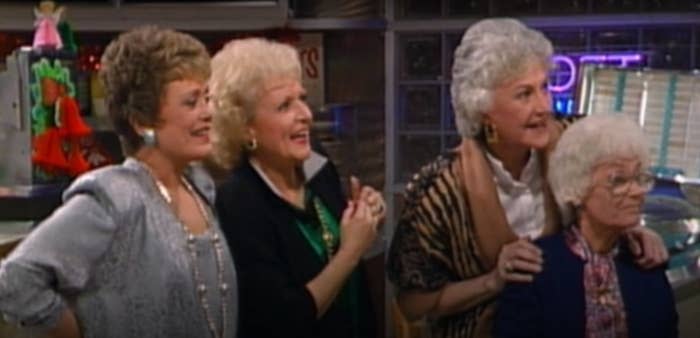 "The Golden Girls" characters Blanche, Rose, Dorothy and Sophia watch the Christmas snow