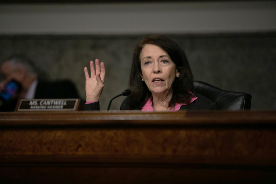 Sen. Maria Cantwell (D-Wash.) speaks at a hearing in June. She defended Haaland this week after Republicans tried to paint the nominee as a "radical." (Photo: Graeme Jennings-Pool/Getty Images)