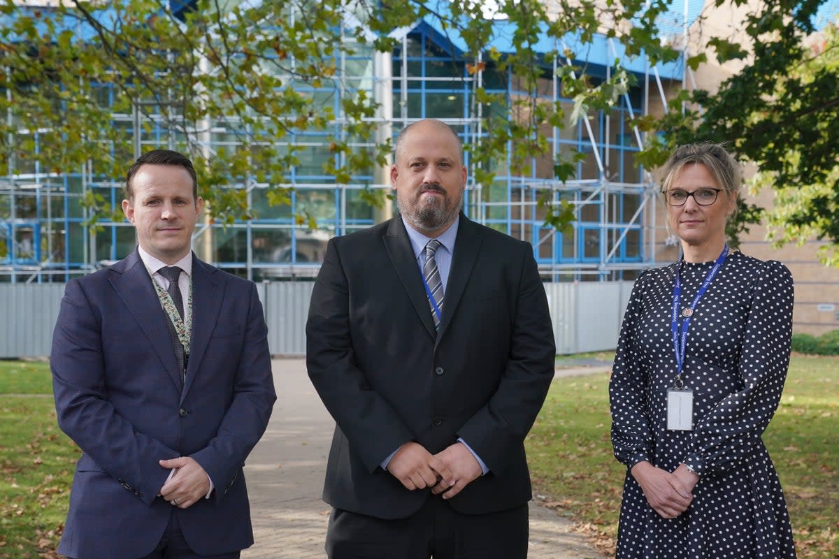 Detective Sergeant Ben Rushmere, Detective Constable Steven Tilley and Detective Constable Hayley Langmead, all of Essex Police, outside Basildon Combined Court in Essex (Lucy North/PA Wire)