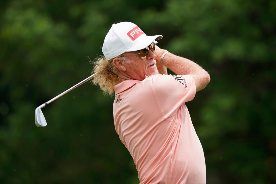 Miguel Angel Jimenez on the 14th tee during the final round of the Principal Charity Classic at Wakonda Club on June 06, 2021 in Des Moines, Iowa.