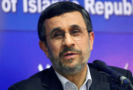 FILE PHOTO: Iran's President Mahmoud Ahmadinejad talks during a news conference at the end of his visit to Cairo, Egypt February 7, 2013. REUTERS/Asmaa Waguih/File Photo