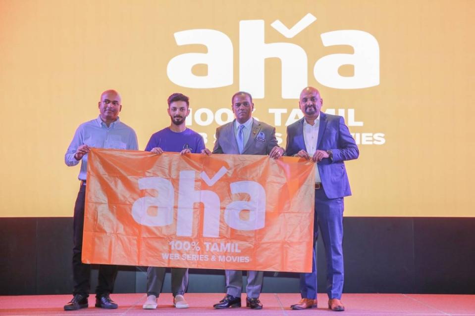 From L-R: Ajit, Anirudh, Saravanan and Chidambaram at Aha Tamil launch yesterday. — Picture by Yusof Mat Isa.
