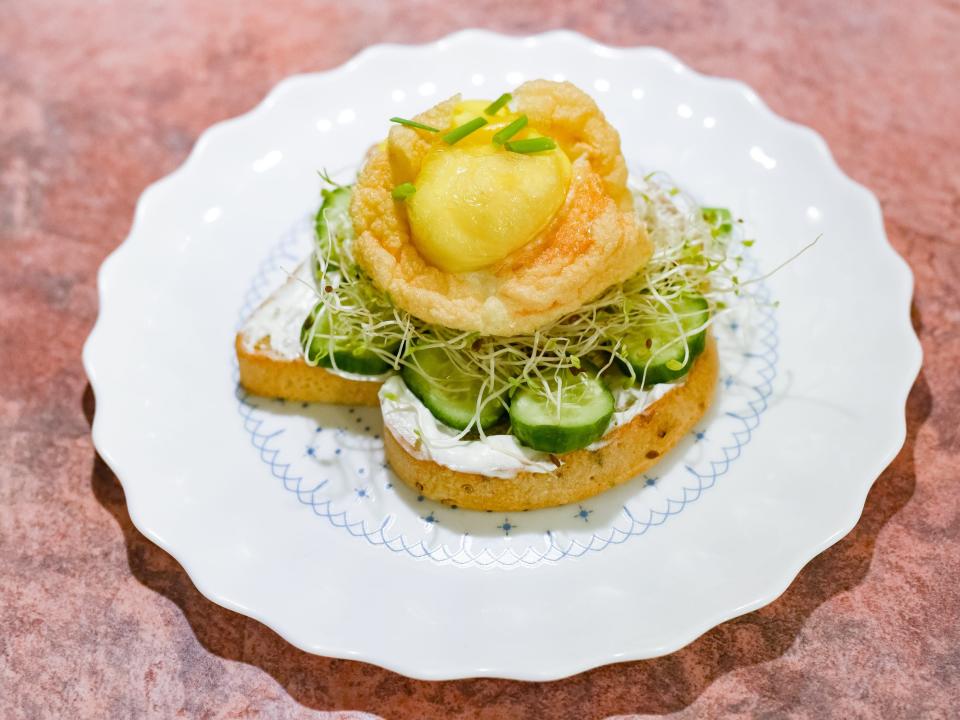 An air-fried egg on top of toast.