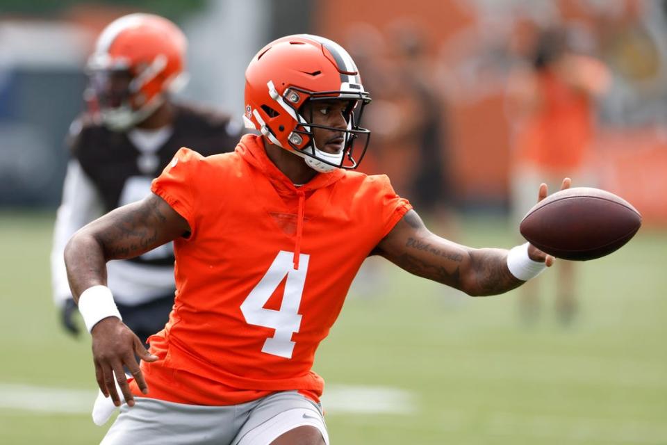 Browns quarterback Deshaun Watson takes part in drills June 6 in Berea.