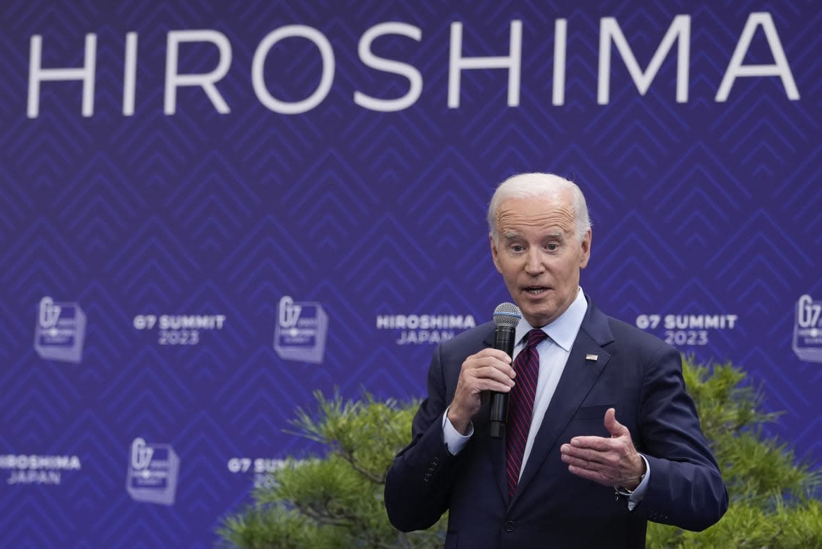 President Joe Biden gestures during a news conference in Hiroshima, Japan, Sunday, May 21, 2023, following the G7 Summit. (AP Photo/Susan Walsh)