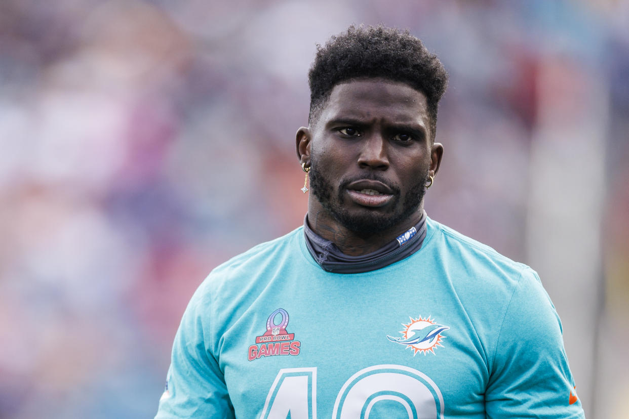 ORLANDO, FLORIDA - FEBRUARY 04: Tyreek Hill #10 of the Miami Dolphins and AFC looks on during the 2024 NFL Pro Bowl at Camping World Stadium on February 04, 2024 in Orlando, Florida. (Photo by James Gilbert/Getty Images)