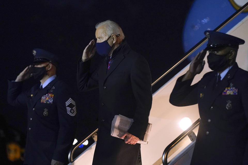 President Joe Biden steps off Air Force One at New Castle Airport in New Castle, Del., Friday, Feb. 5, 2021. Biden is spending the weekend at his home in Delaware. (AP Photo/Patrick Semansky)