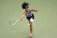 Naomi Osaka, of Japan, returns a shot to Victoria Azarenka, of Belarus, during the women's singles final of the US Open tennis championships, Saturday, Sept. 12, 2020, in New York. (AP Photo/Frank Franklin II)