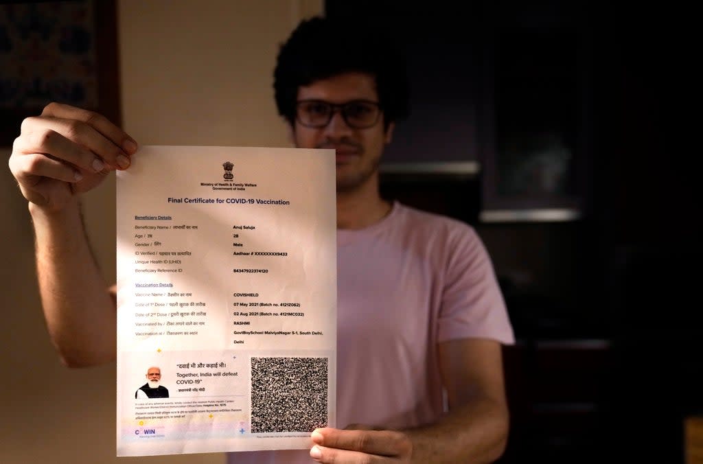 File: A court in southern India heard a plea challenging the presence of a photo of India’s prime minister Narendra Modi on vaccine certificates (Associated Press)