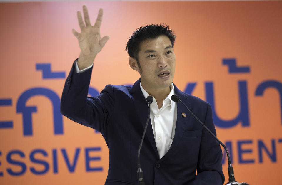 Former leader of the dissolved Future Forward Party, Thanathorn Juangroongruangkit speaks during a press conference in Bangkok, Thailand, Thursday, Jan. 21, 2021. Thanathorn was charged with defaming Thailand’s monarchy by questioning the government’s procurement of COVID-19 vaccines is standing by his comments and saying the nation deserves more transparency. (AP Photo/Sakchai Lalit)
