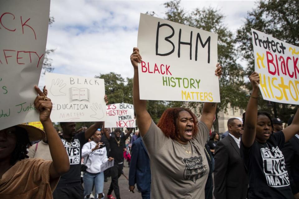 Hundreds participate in the National Action Network demonstration in response to Gov. Ron DeSantis’s rejection of a high school African-American history course, Wednesday, Feb. 15, 2023, in Tallahassee, Florida. (Alicia Devine /Tallahassee Democrat via AP)