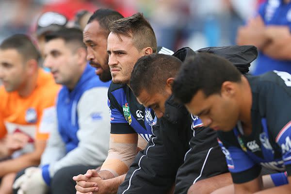 Josh Reynolds looks on from Canterbury's interchange bench. Image: Getty