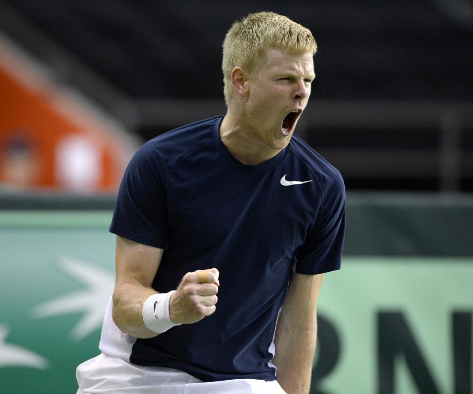 Britain's Kyle Edmund reacts after a play during first-round Davis Cup tennis match action against Canada's Denis Shapovalov, Sunday, Feb. 5, 2017, in Ottawa, Ontario. (Justin Tang/The Canadian Press via AP)