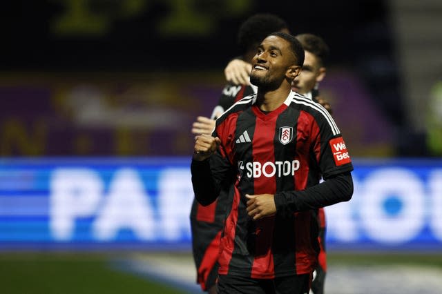 Reiss Nelson clenches his fist to celebrate Fulham's equaliser at Preston