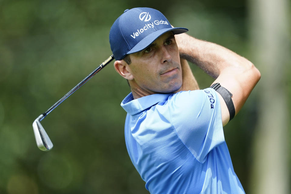 FILE - Billy Horschel hits off the second tee during the first round of the Tour Championship golf tournament at East Lake Golf Club, Thursday, Aug. 25, 2022, in Atlanta. Horschel will compete on the American team at the Presidents Cup beginning Thursday, Sept. 22. (AP Photo/John Bazemore, File)