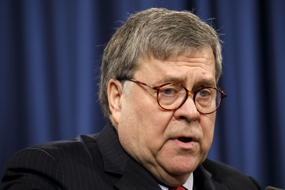 Attorney General William Barr speaks during a news conference, Monday, Feb. 10, 2020, at the Justice Department in Washington. Four members of the Chinese military have been charged with breaking into the networks of the Equifax credit reporting agency and stealing the personal information of tens of millions of Americans, the Justice Department said Monday, blaming Beijing for one of the largest hacks in history. (AP Photo/Jacquelyn Martin)