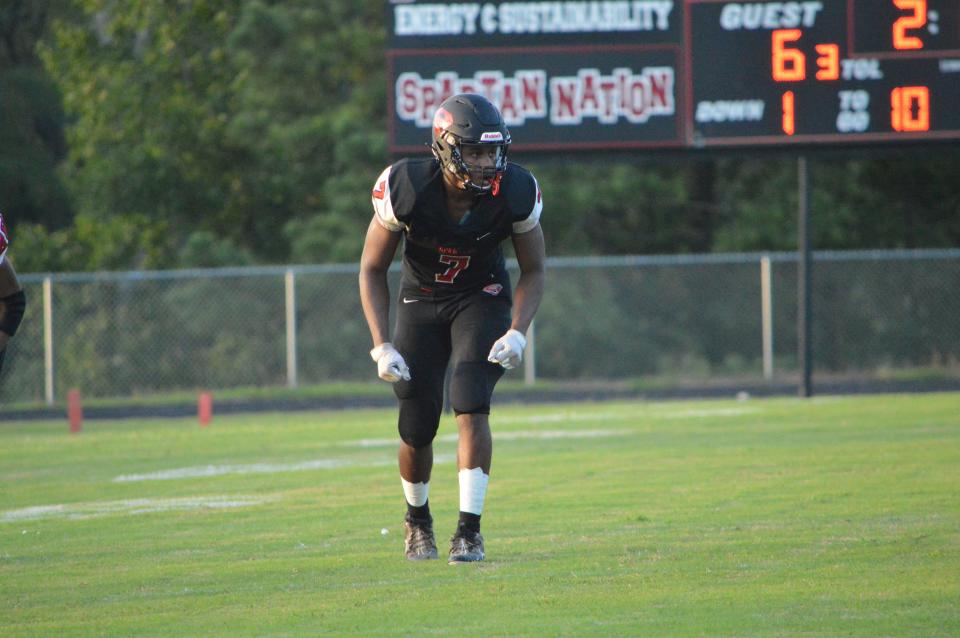 Southern Durham edge rusher Jaybron Harvey (7) lines up for a snap during a home game against Granville Central on Oct. 8, 2021. Southern Durham beat Granville Central, 68-6, and moved to 3-4 and 2-0 in conference.