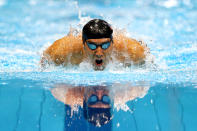 LONDON, ENGLAND - JULY 28: Michael Phelps of the United States competes in the Final of the Men's 400m Individual Medley on Day One of the London 2012 Olympic Games at the Aquatics Centre on July 28, 2012 in London, England. (Photo by Al Bello/Getty Images)