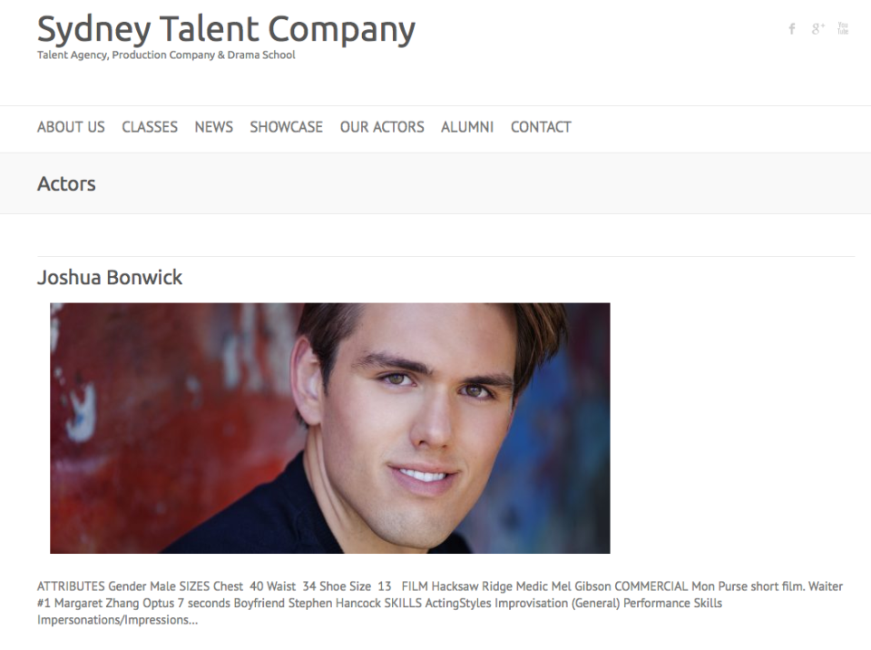 Josh is represented on Sydney Talent Company’s official website, which states he played a medic in Mel Gibson’s film, Hacksaw Ridge. Photo: Sydney Talent Company