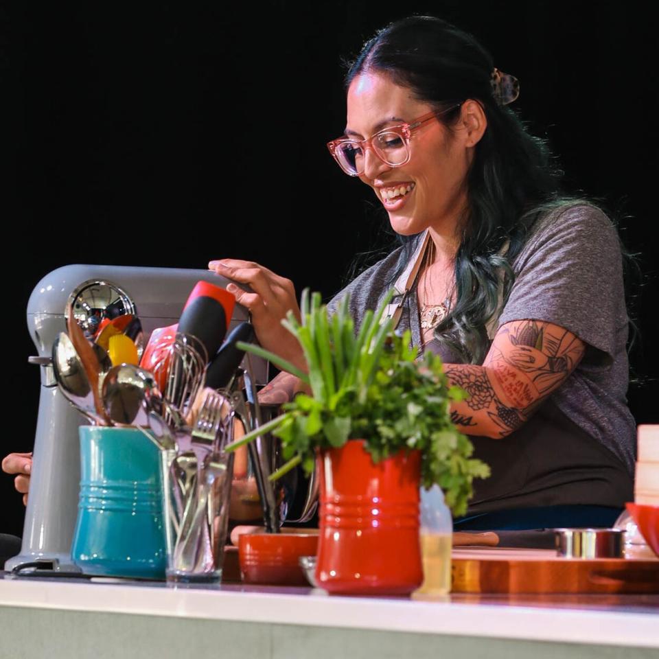 Claudette Zepeda cooking at the Food &amp; Wine Classic in Aspen, 2021