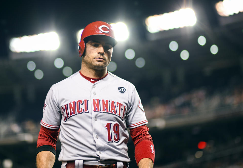 WASHINGTON, DC - AUGUST 12: Cincinnati Reds first baseman Joey Votto (19) stands in the on deck circle in the eighth inning during the game between the Cincinnati Reds and the Washington Nationals on August 12, 2019, at Nationals Park, in Washington D.C.  (Photo by Mark Goldman/Icon Sportswire via Getty Images)