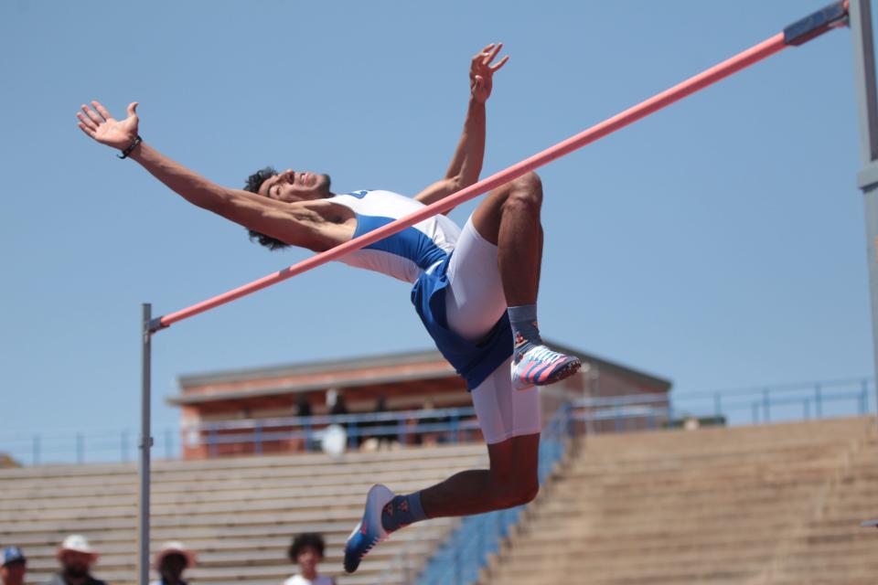 San Angelo Lake View High School's Derrick Taylor competes in the boys high jump at the District 3-4A track and field meet Wednesday April 13, 2022 at San Angelo Stadium.