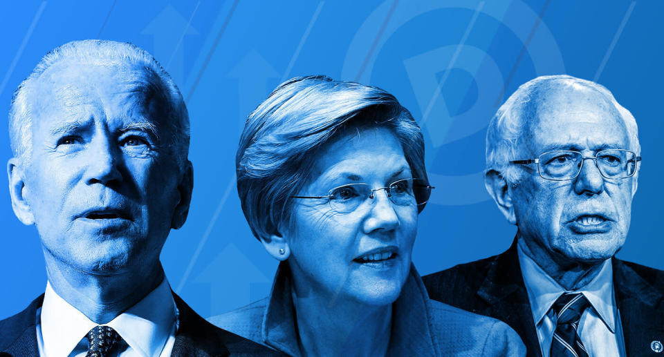 Joe Biden and Elizabeth Warren on the rise and Bernie Sanders. (Yahoo News photo Illustration; photos: AP, Getty Images)