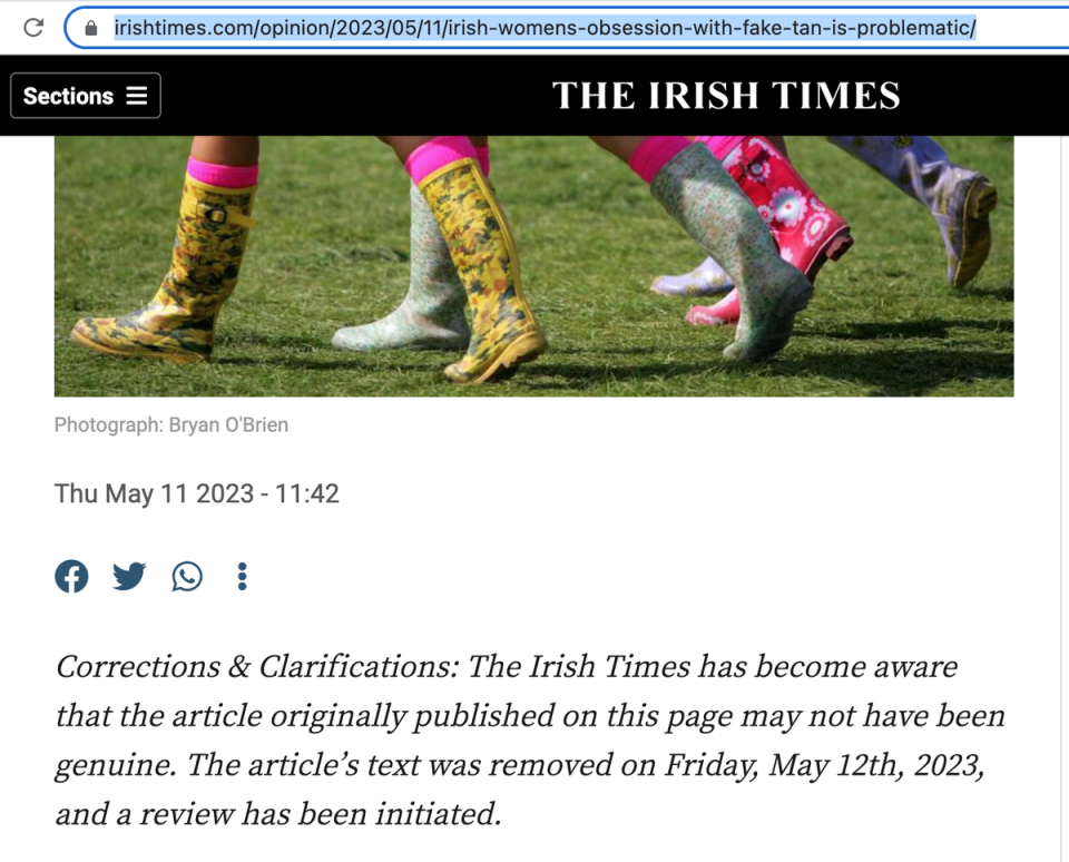 The article’s text has been replaced with a ‘corrections and clarifications’ message (screengrab)