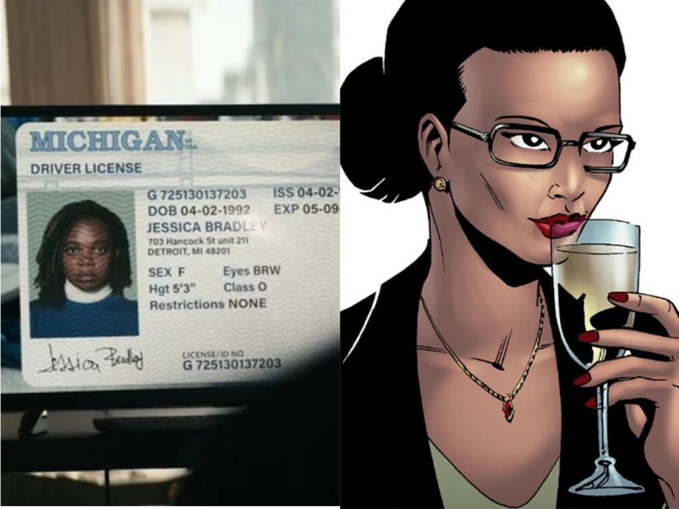 Susan Heyward, left, as Sister Sage in season four of "The Boys." The character Jessica Bradley, right, in the comics.