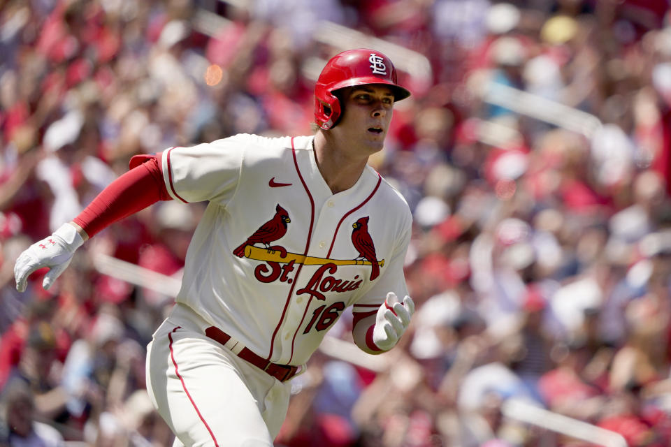 St. Louis Cardinals' Nolan Gorman rounds first on his way to a two-run double during the fourth inning of a baseball game against the Milwaukee Brewers Saturday, May 28, 2022, in St. Louis. (AP Photo/Jeff Roberson)