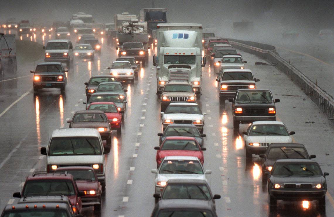 Westbound I-40 traffic backs as tens of thousands fled Hurricane Floyd from the N.C. coast in 1999.