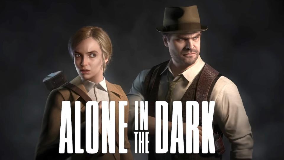 Video game versions of Jodie Comer and David Harbour dressed like 1920s detectives in an Alone in the Dark poster