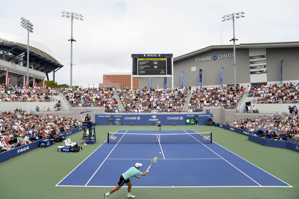 Aleksandar Vukic, of Australia, returns a shot to Alexander Zverev, of Germany, during the first round of the U.S. Open tennis championships, Tuesday, Aug. 29, 2023, in New York. (AP Photo/John Minchillo)