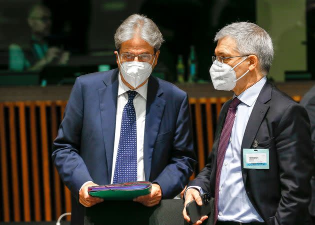 European Commissioner for Economy Paolo Gentiloni (L) and Italian Minister of Economy and Finance, Daniele Franco talk at the start of the Ecofin Council meeting in Luxembourg, 18 June 2021. - EU economic and finance ministers will have debates on the economic recovery in Europe, VAT issues and the state of play of the banking union. (Photo by JULIEN WARNAND / POOL / AFP) (Photo by JULIEN WARNAND/POOL/AFP via Getty Images) (Photo: JULIEN WARNAND via Getty Images)